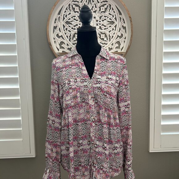 Anthropologie Maeve Blouse Pink Islet Roll Tab Sleeve Geometric Print Shirt SZXS - Picture 1 of 8